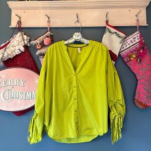 PILCRO x ANTHROPOLOGIE Chartreuse Drawstring Poplin Blouse sz XL